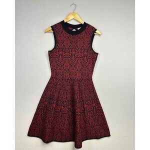 Rewind Women's Red Black Damask Pattern Fit Flare Dress Mock‎ Neck Size L